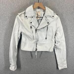JKT NYC Womens S Real Leather Cropped Moto Jacket White Long Sleeve EUC